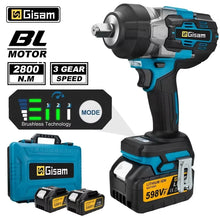 Gisam brushless impact wrench front view, blue and black with battery