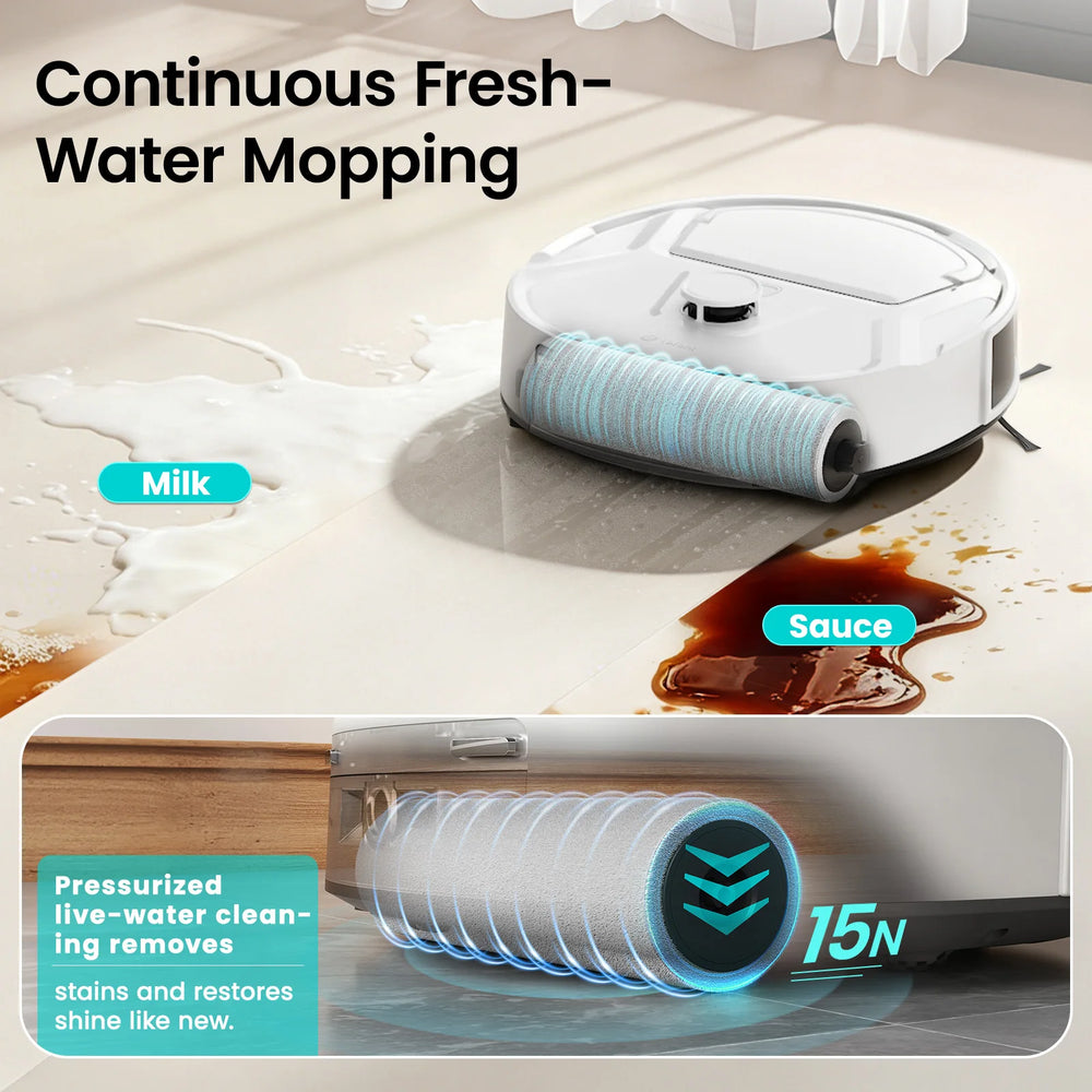 Lefant robot vacuum detail showing water mapping and continuous fresh feature