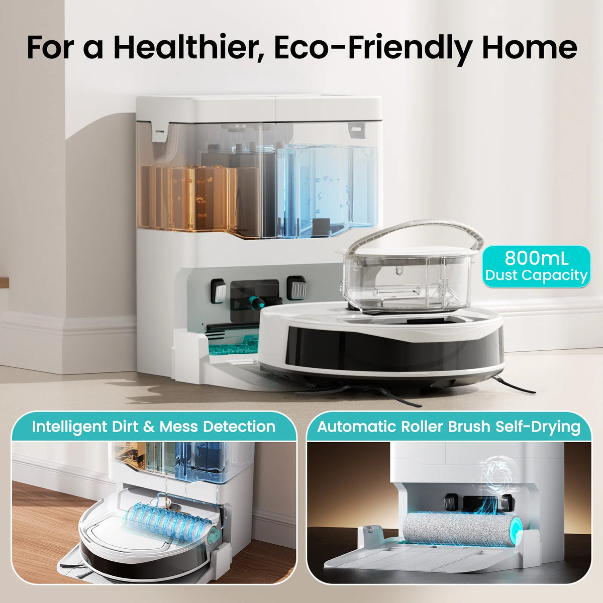 Lefant robot vacuum lifestyle shot, white and blue with smart technology
