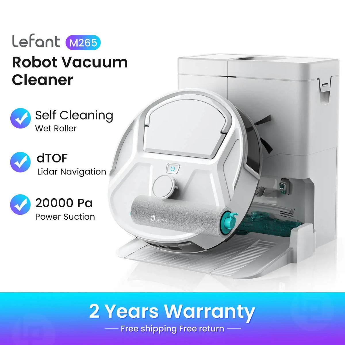 Lefant robot vacuum packaging, white and blue with self-cleaning feature