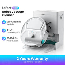 Lefant robot vacuum packaging, white and blue with self-cleaning feature