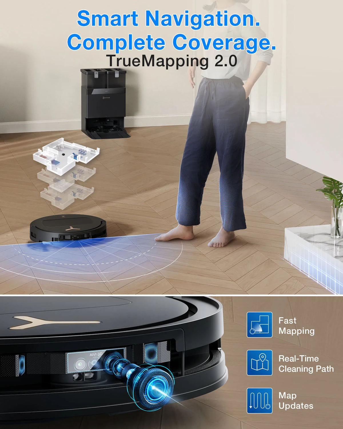 ECOVACS Deebot T50 Pro lifestyle shot, smart navigation coverage in natural light