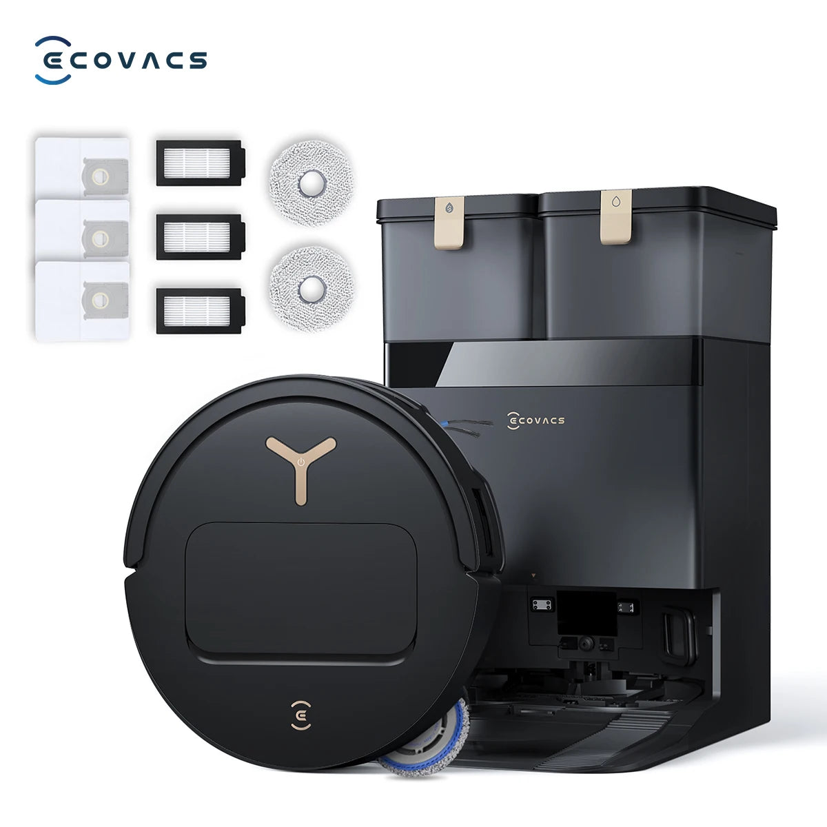 ECOVACS Deebot T50 Pro packaging shot, black-white set with accessories