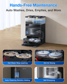 ECOVACS Deebot T50 Pro detail close-up, pet hair pickup on blue-white background