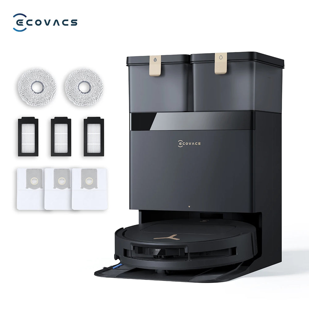ECOVACS Deebot T50 Pro front view, black-gray robot vacuum on white