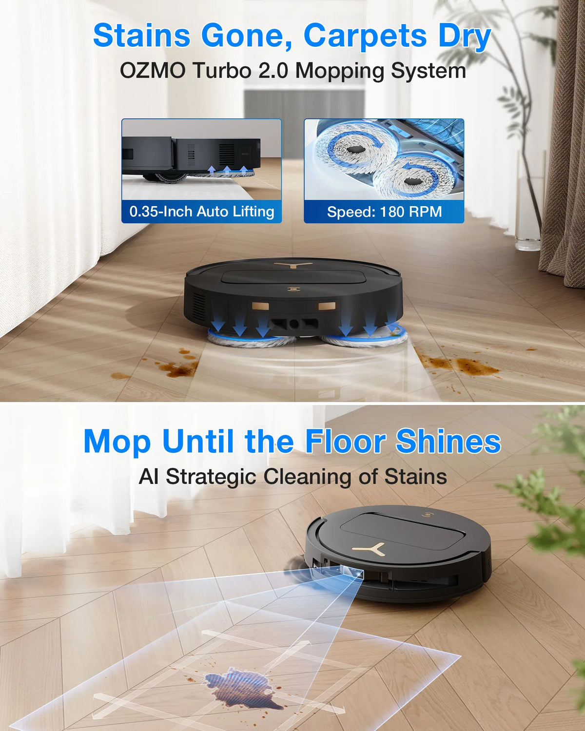 ECOVACS Deebot T50 Pro mapping lifestyle shot, black robot vacuum with navigation