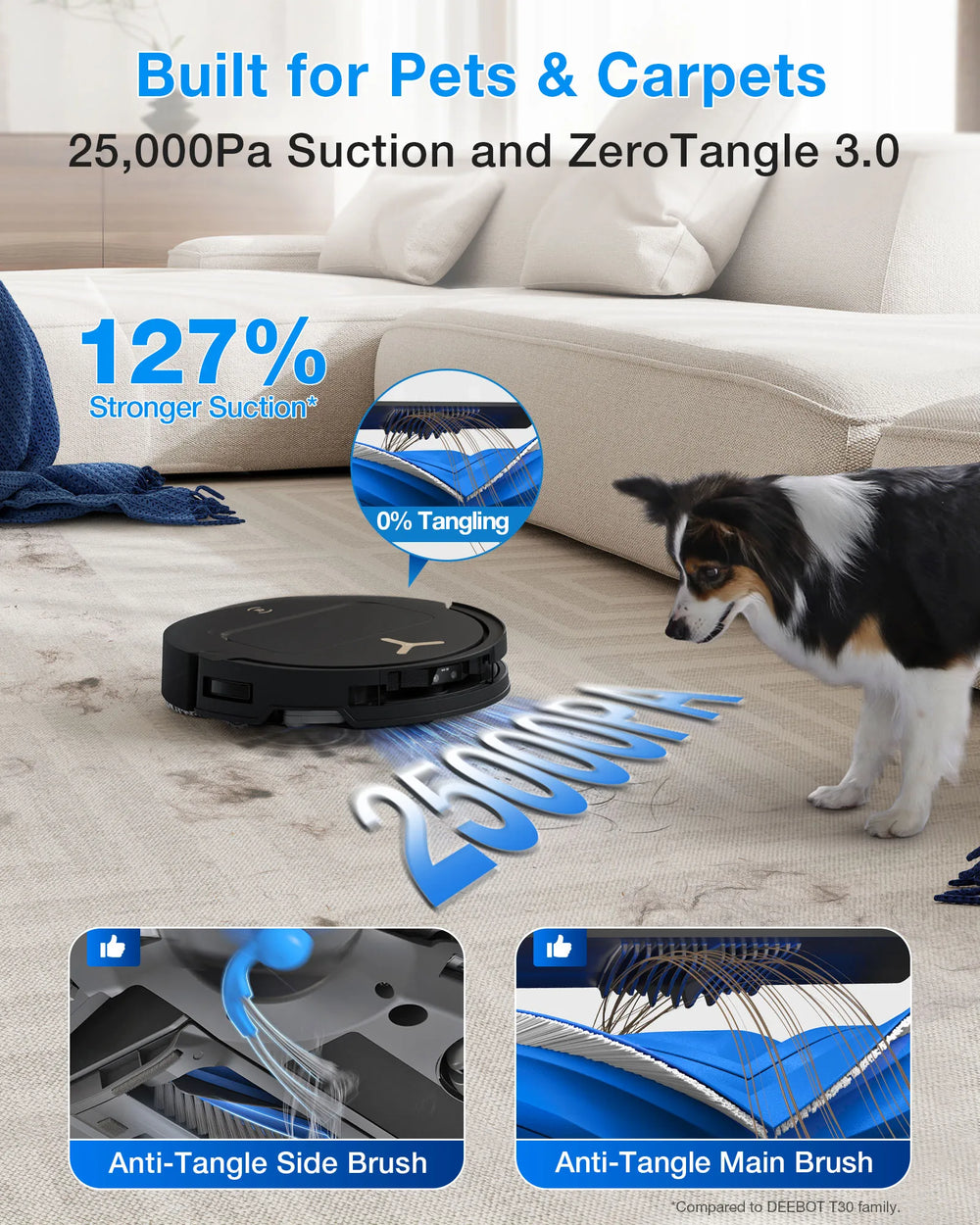 ECOVACS Deebot T50 Pro lifestyle shot, black-blue robot vacuum cleaning