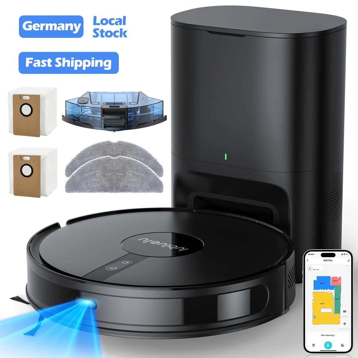 Lubluelu B40 Plus robot vacuum accessories lifestyle set in black and blue