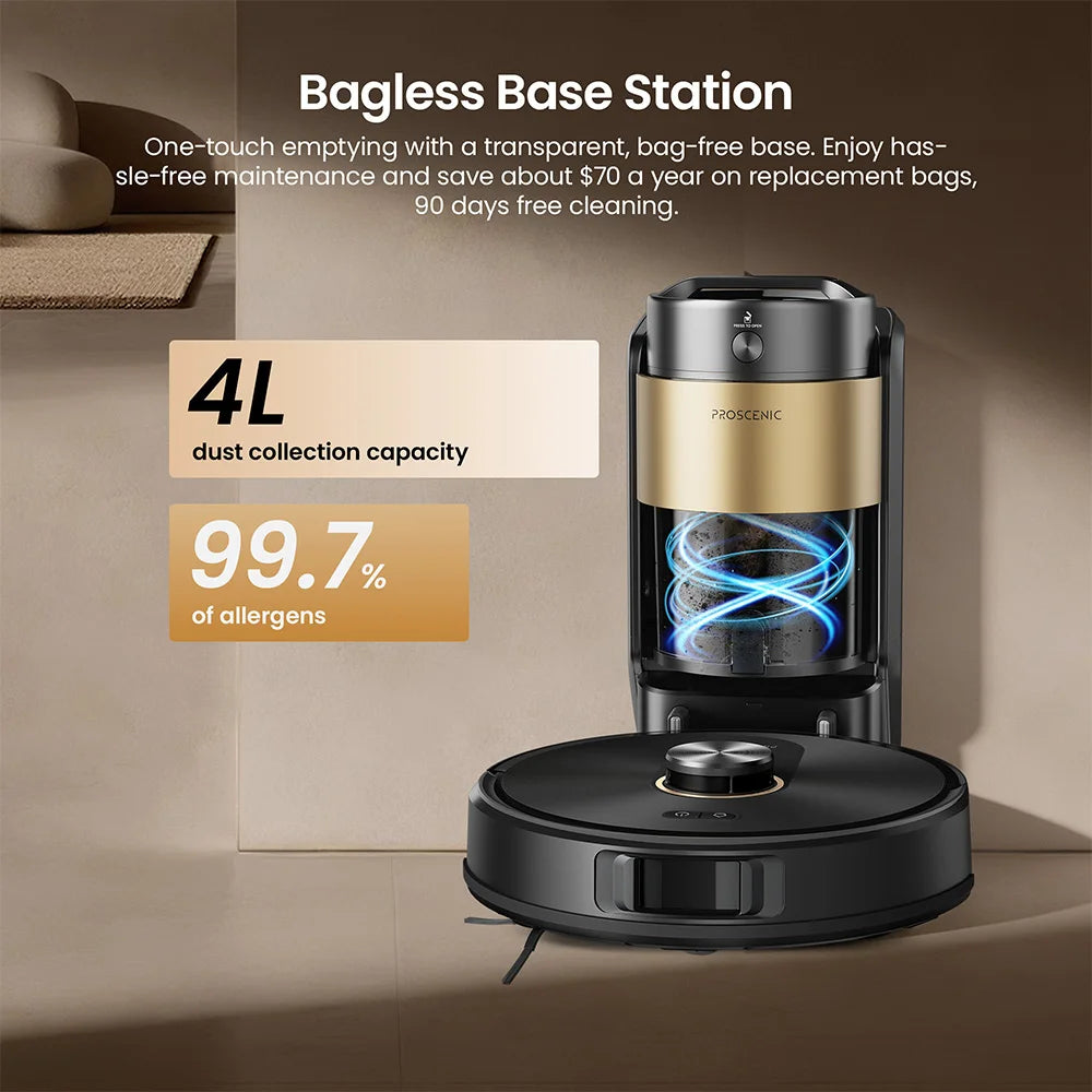 Proscenic Q20 Plus robot vacuum detail showing 4L dust capacity
