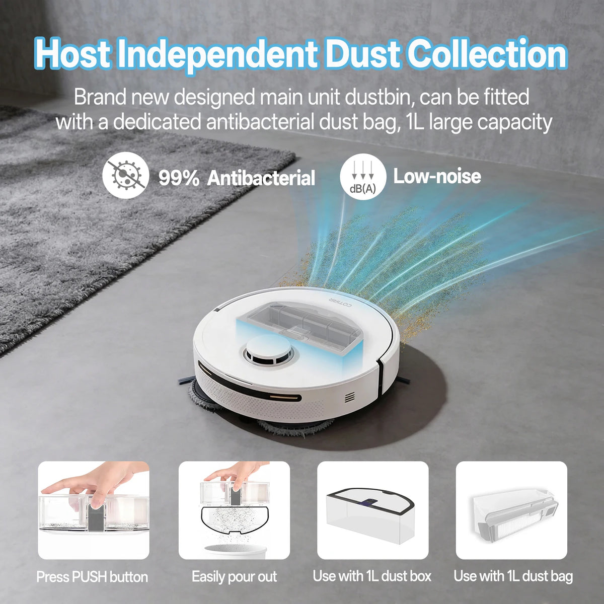 COTIAR robot vacuum detail shot, dust collection and included accessories