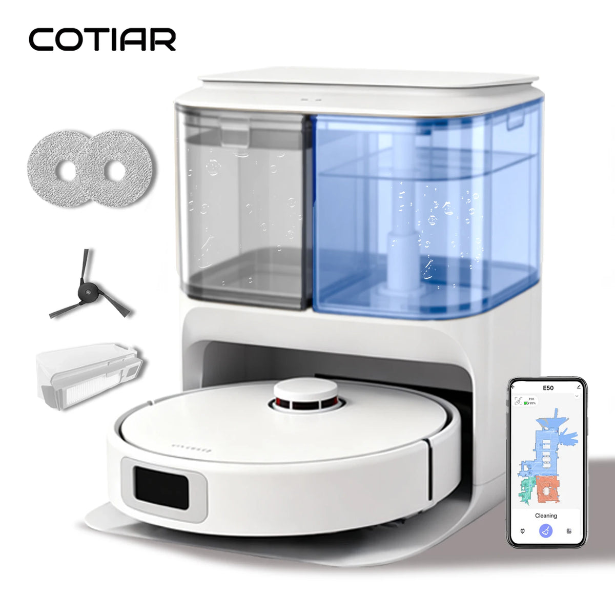 COTIAR robot vacuum white-blue packaging, transparent container close-up