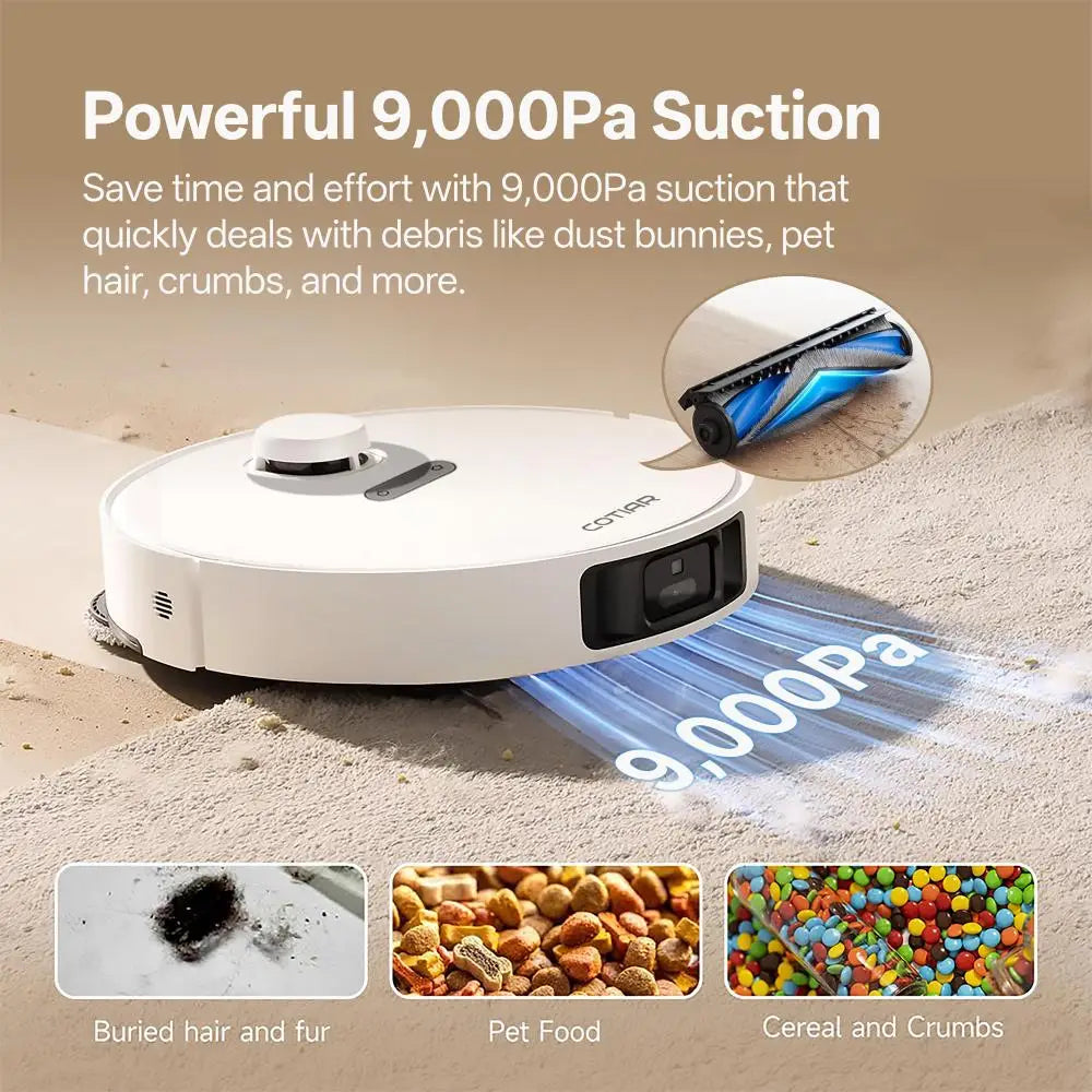 COTIAR robot vacuum white detail shot, powerful suction cleaning debris