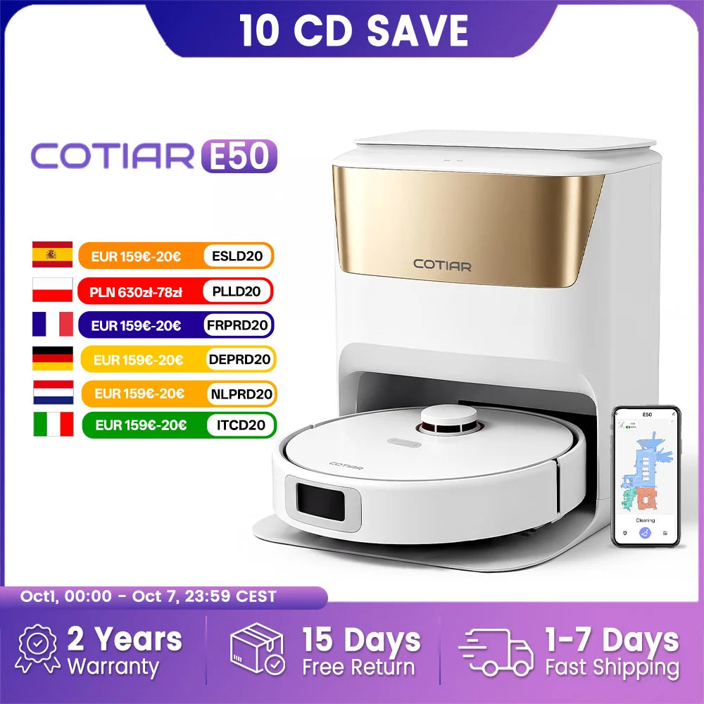 COTIAR robot vacuum white packaging, front view with key features