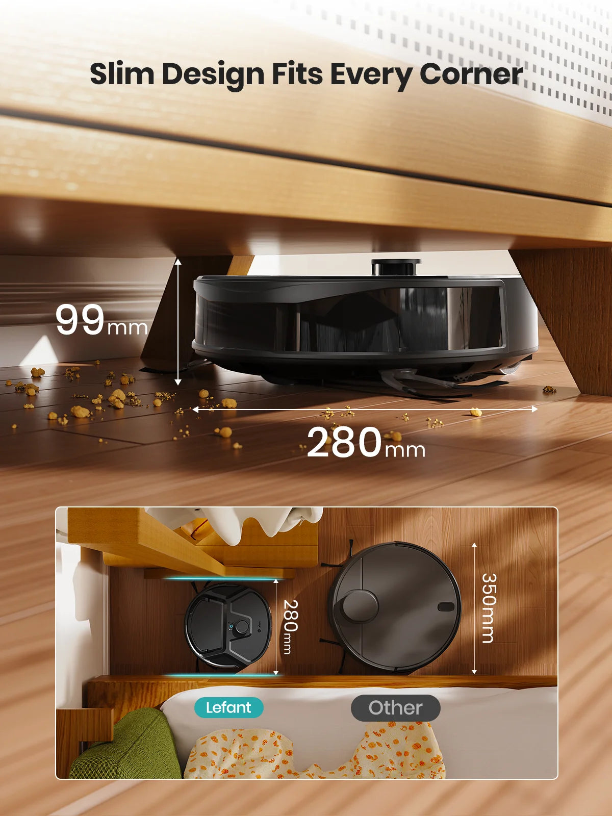 Lefant M265 robot vacuum under furniture, slim design in use