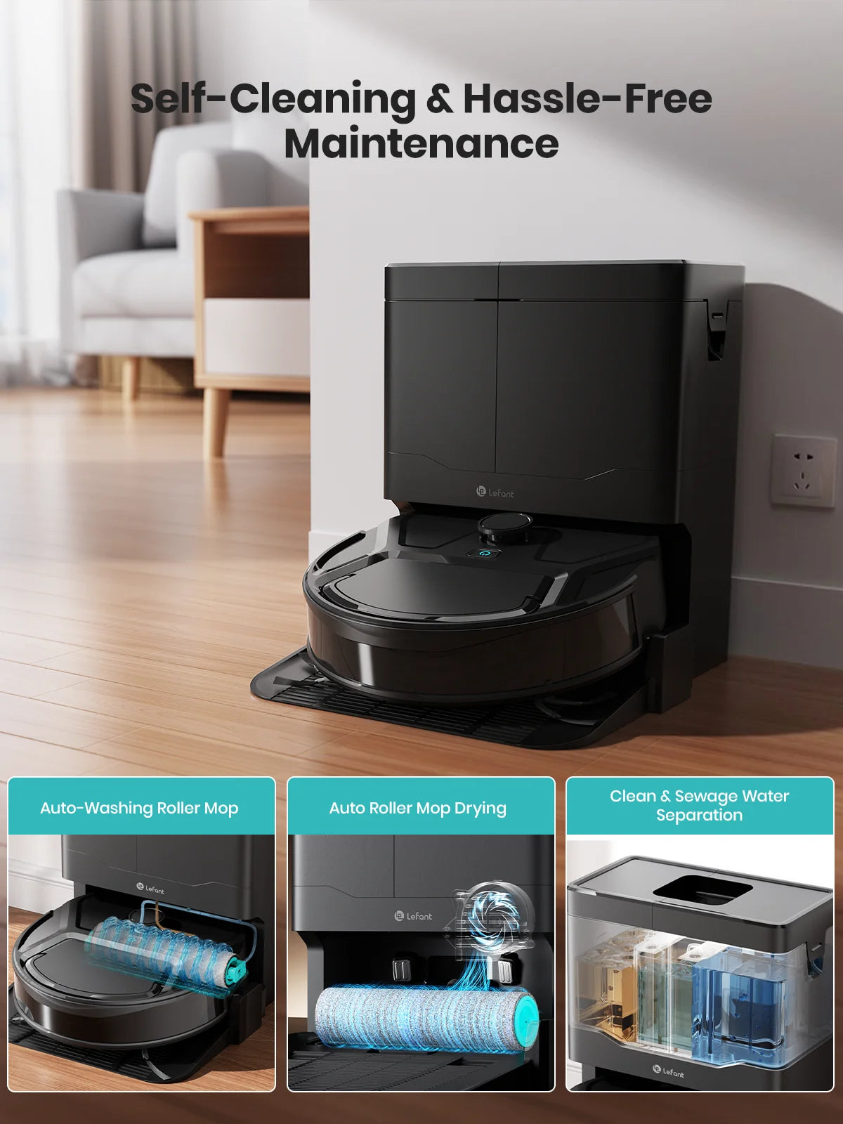 Lefant M265 robot vacuum lifestyle shot, compact modern design