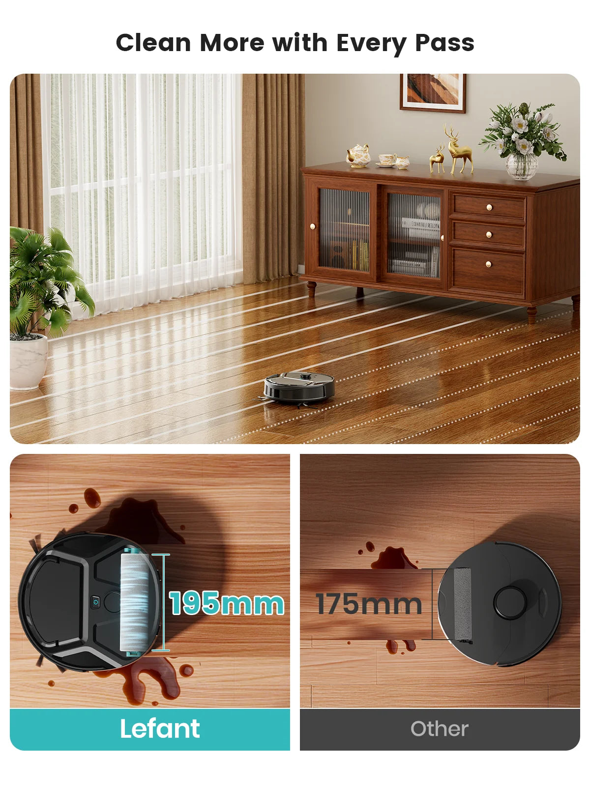 Lefant M265 robot vacuum in home setting, compact size and cleaning mode