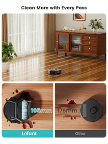 Lefant M265 robot vacuum in home setting, compact size and cleaning mode