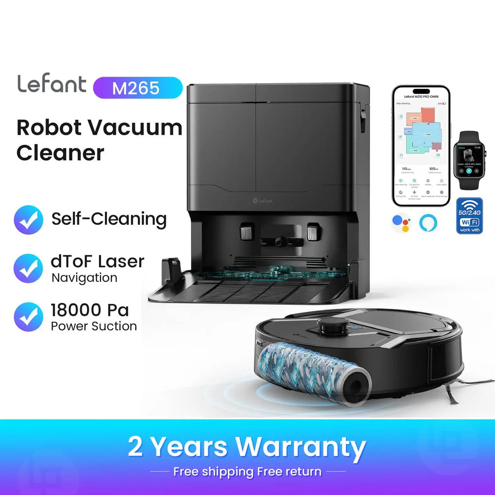 Lefant M265 black robot vacuum packaging, self-cleaning roller feature
