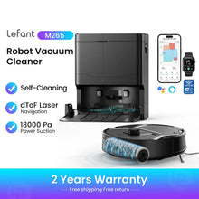 Lefant M265 black robot vacuum packaging, self-cleaning roller feature