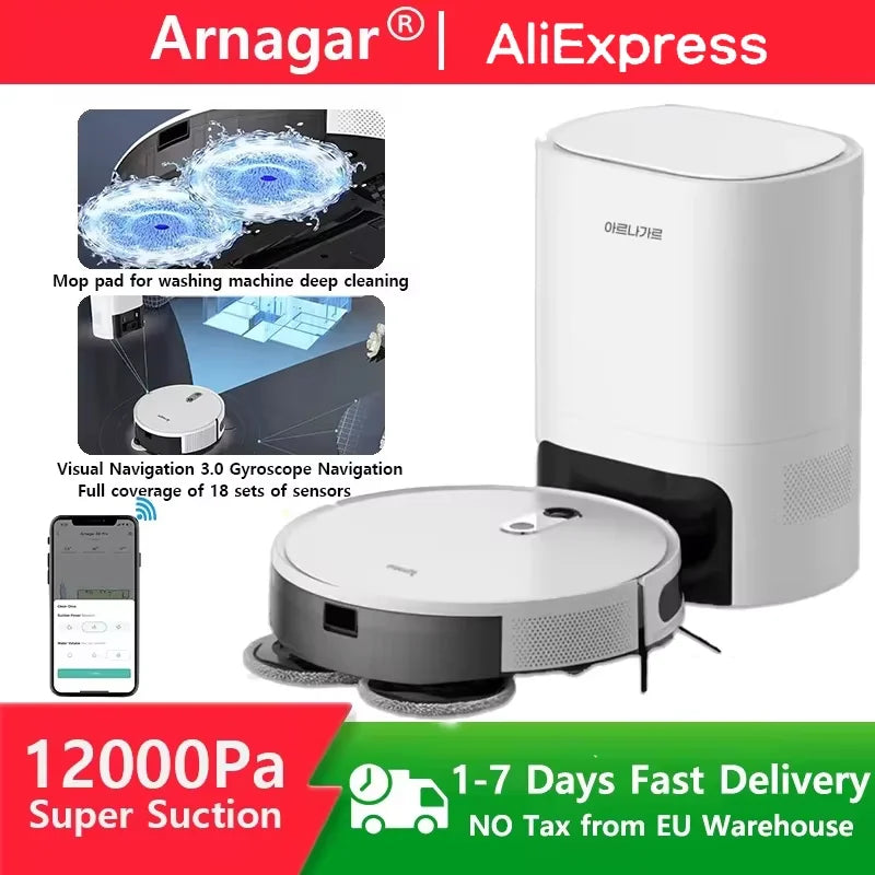 Arnagar S10 robot vacuum in white and blue, lifestyle front view