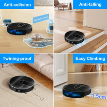 Robot vacuum detail showing floor compatibility and cleaning efficiency on dark background