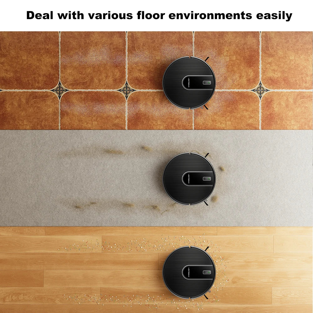 Robot vacuum lifestyle shot with anti-falling and easy climbing on natural floor