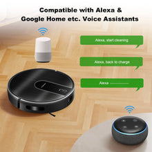 Robot vacuum lifestyle shot, compact black design with voice assistant compatibility