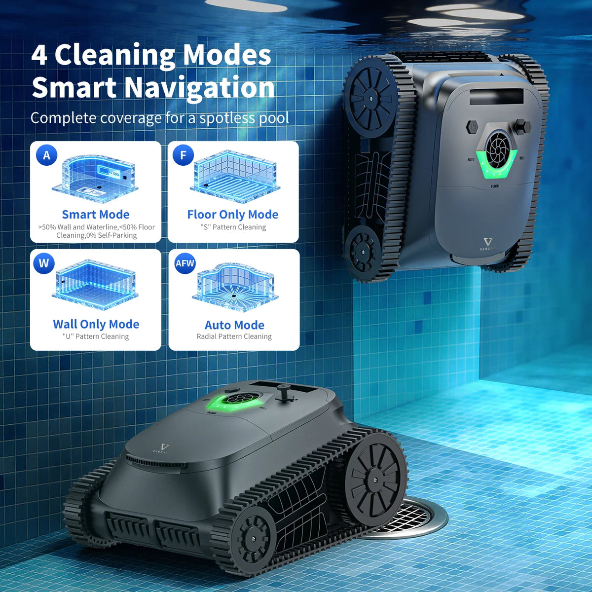VIREAL SP5 robotic pool vacuum lifestyle shot, black poolside scene