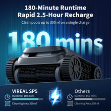 VIREAL SP5 robotic pool vacuum detail, runtime and recharge display