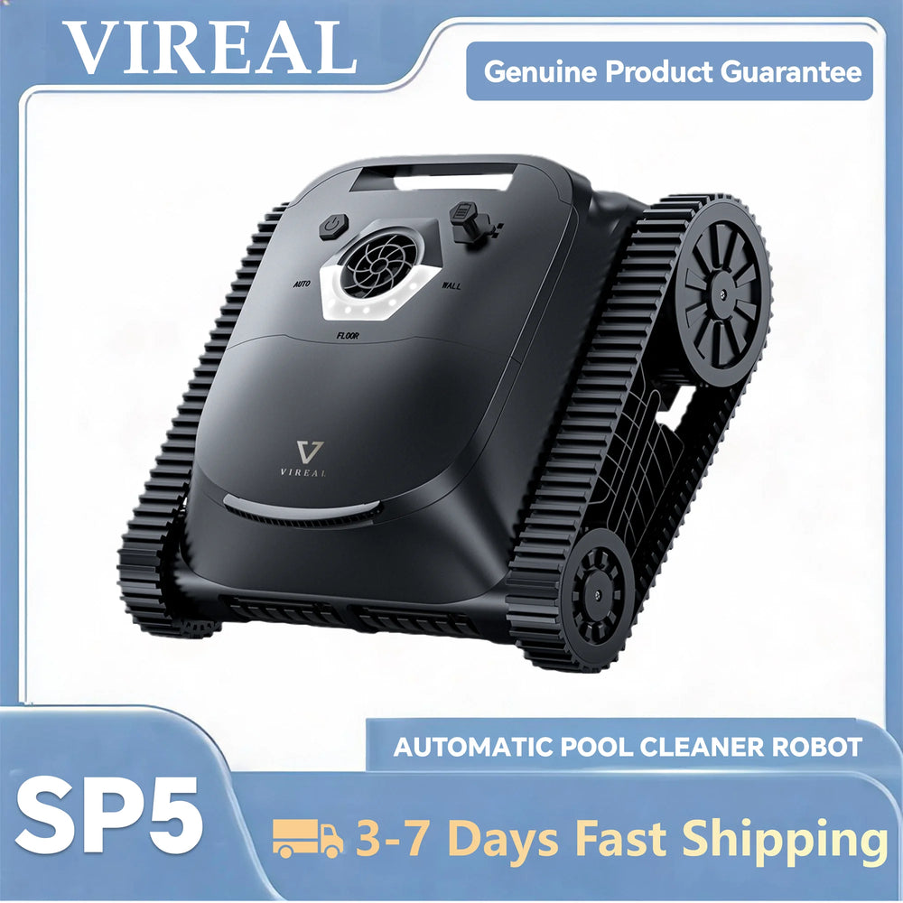 VIREAL SP5 robotic pool vacuum front view, black wheeled design