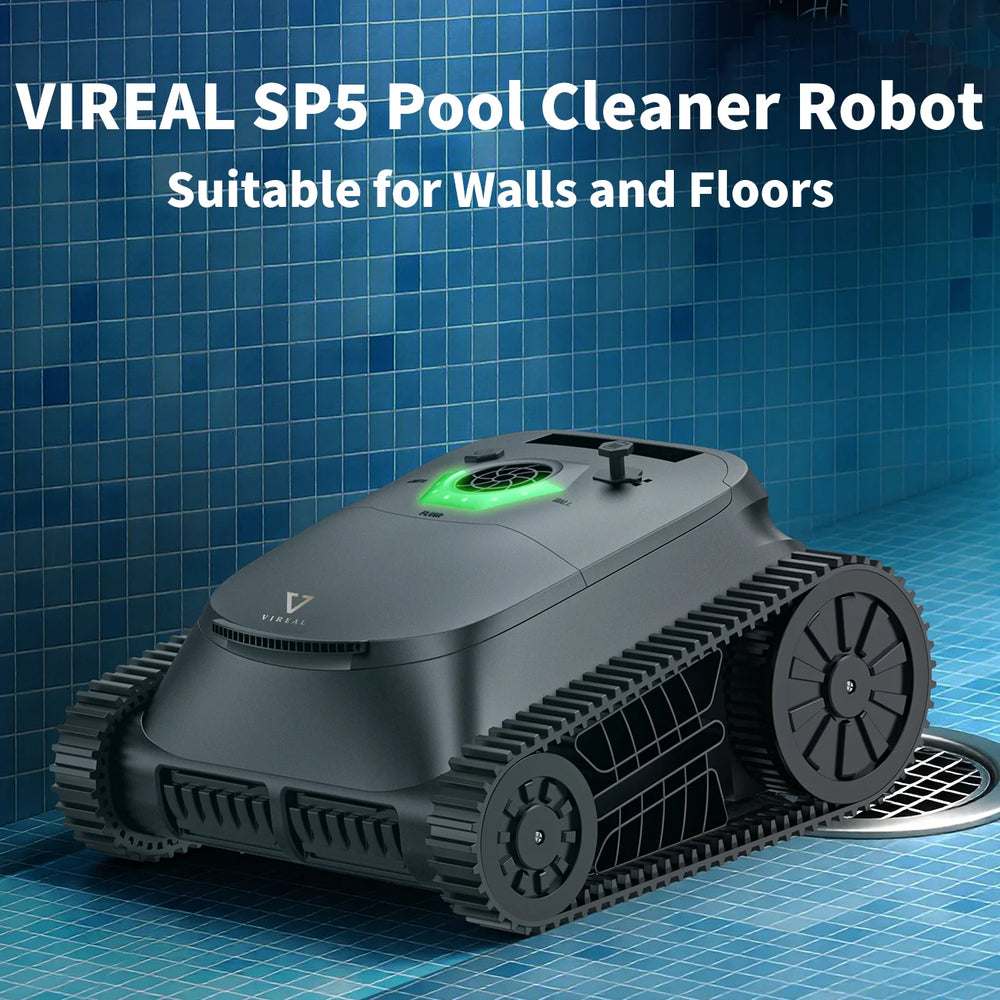 VIREAL SP5 detail close-up of black and green pool cleaner robot