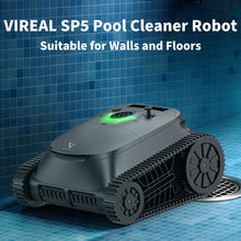 VIREAL SP5 detail close-up of black and green pool cleaner robot
