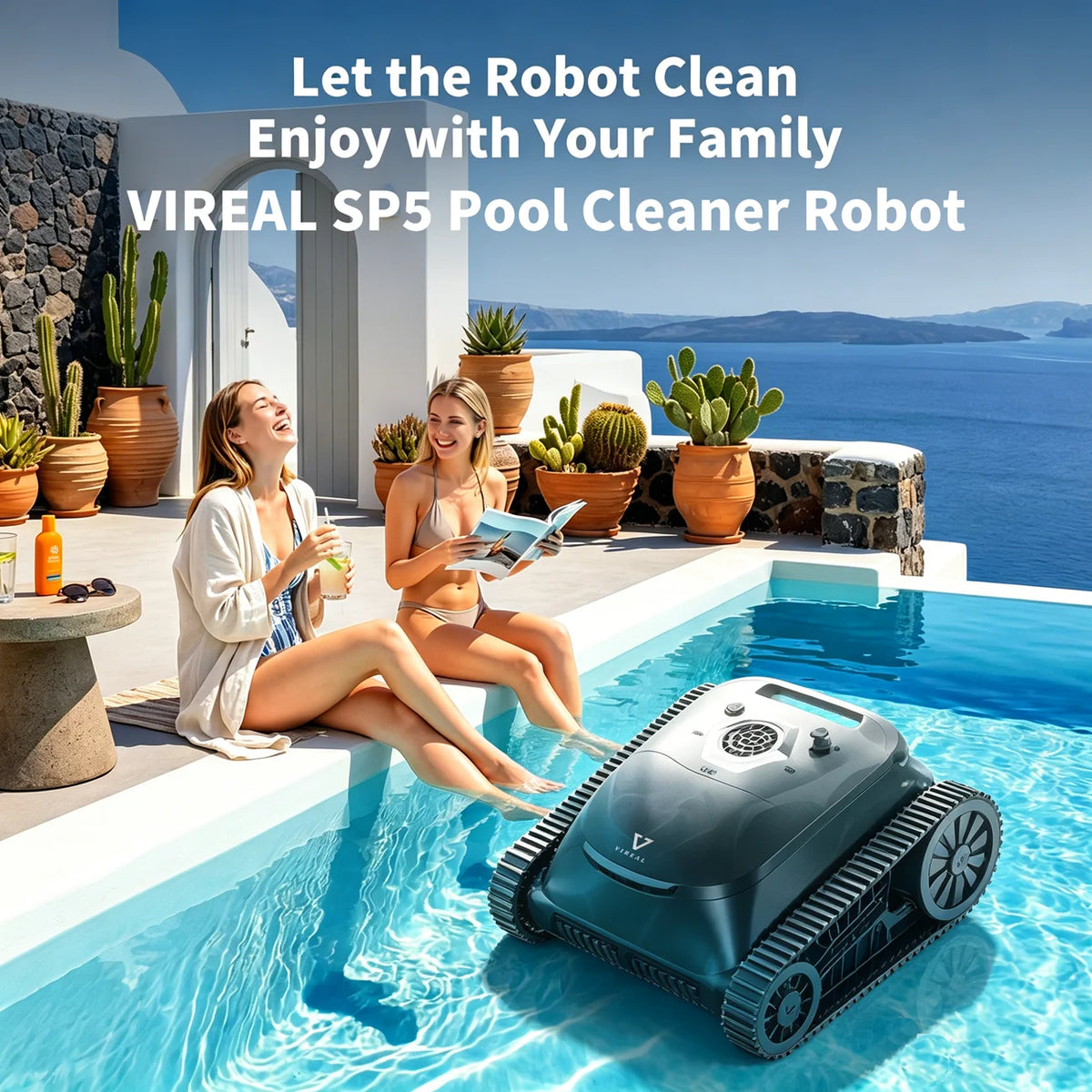 VIREAL SP5 lifestyle shot with black-and-green pool cleaner in pool