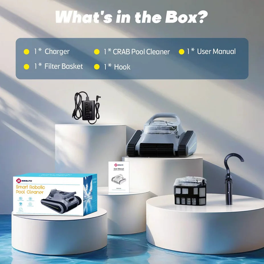 Seauto Crab Pro product box and accessories in white, blue, and black