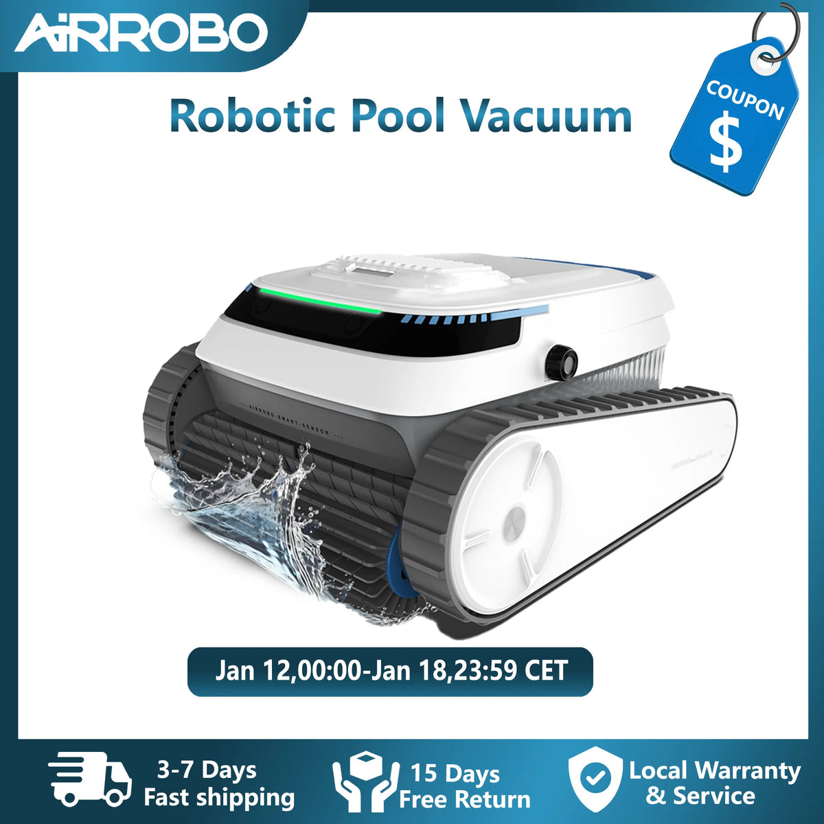 AIRROBO PC10 front view robotic pool vacuum, white and black