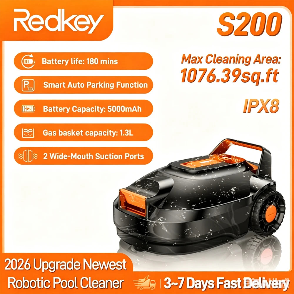 Redkey S200 front view, black and purple compact pool cleaner