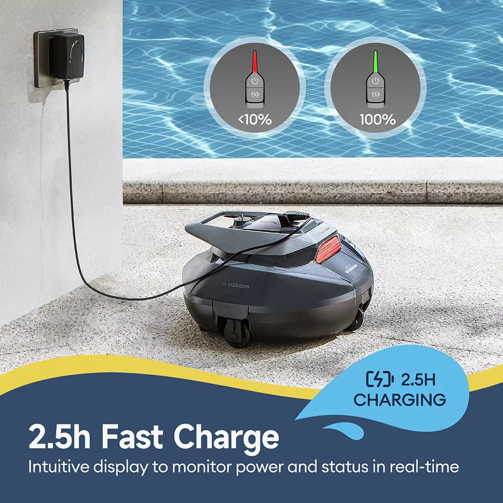 Ultenic P1O pool cleaner lifestyle shot, black and gray with LED indicators