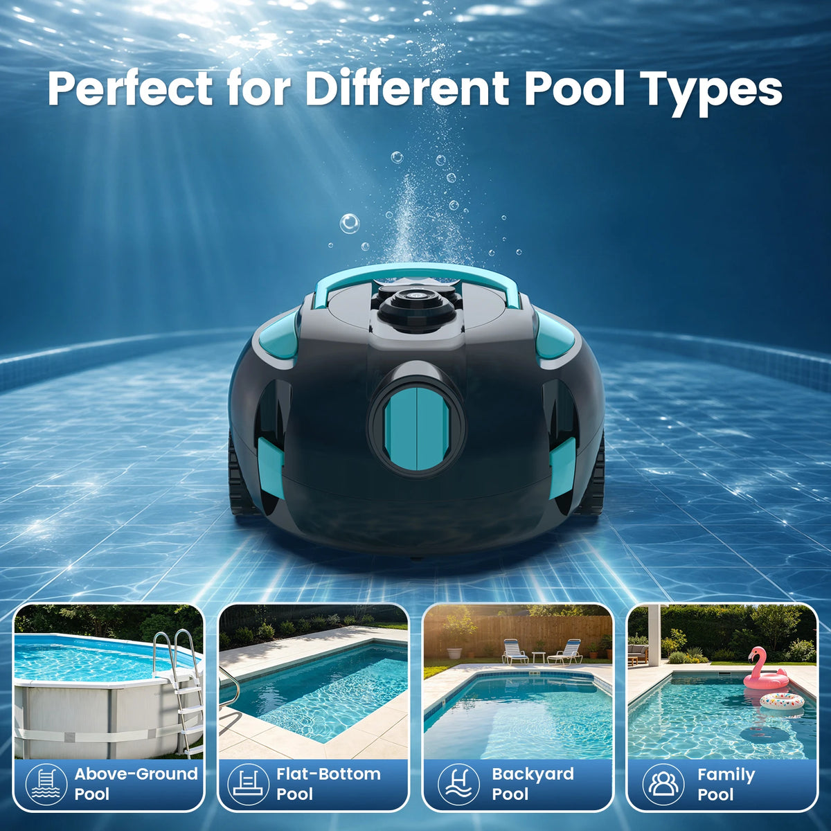 Vastorm cordless pool cleaner lifestyle in black and blue, efficient cleaning view