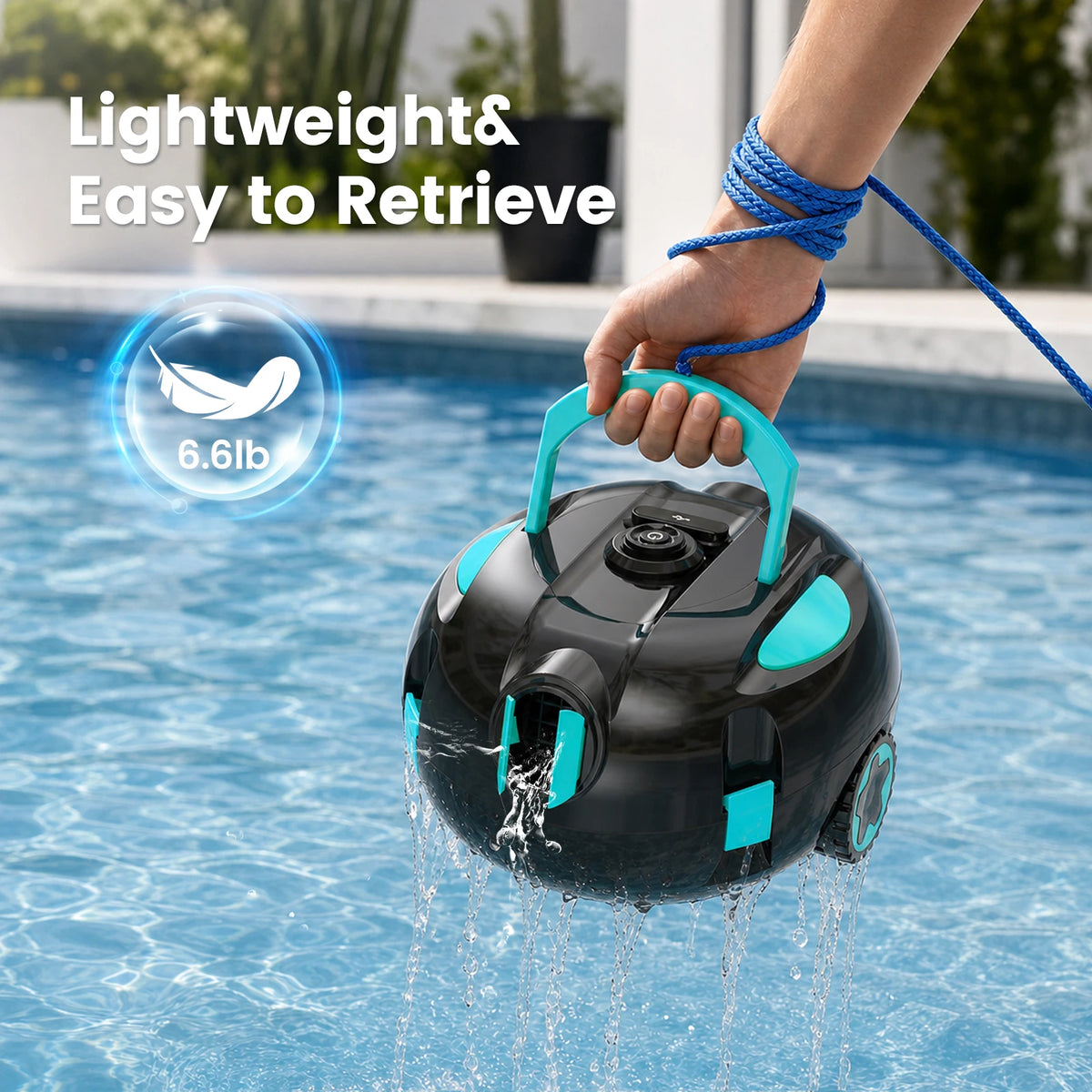 Vastorm pool cleaner button detail in black and blue, one-click start