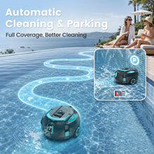 Vastorm automatic pool cleaner lifestyle shot, blue and black full coverage