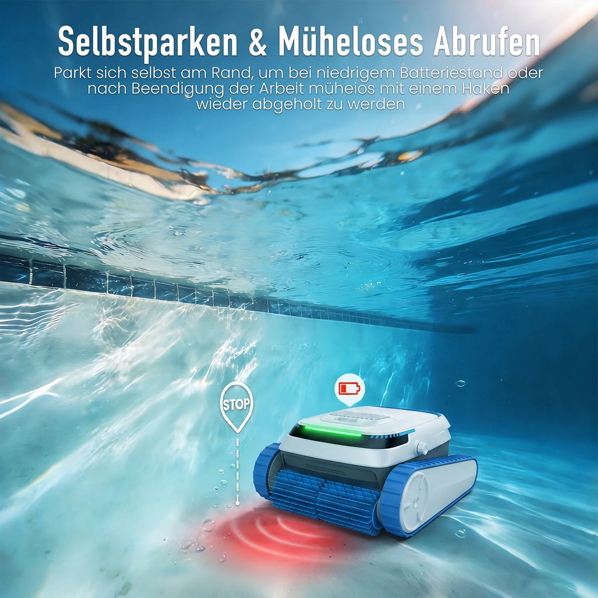 AiRROBO PC20 underwater lifestyle shot with LED indicator, blue and white