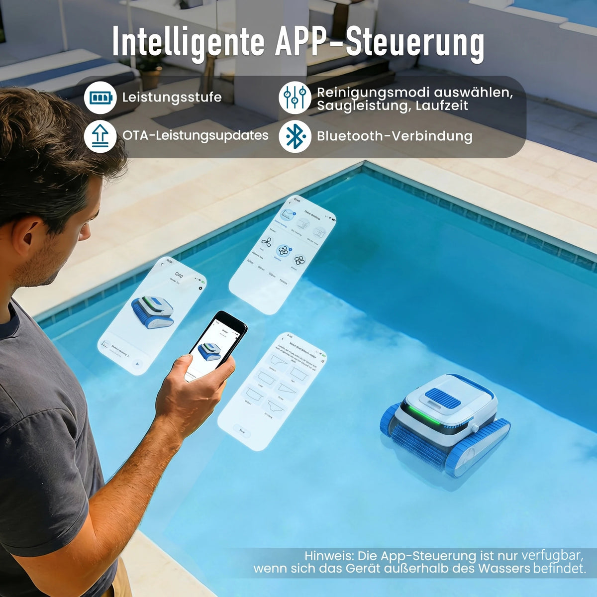 AiRROBO PC20 pool cleaner with smartphone control, poolside use, blue and white