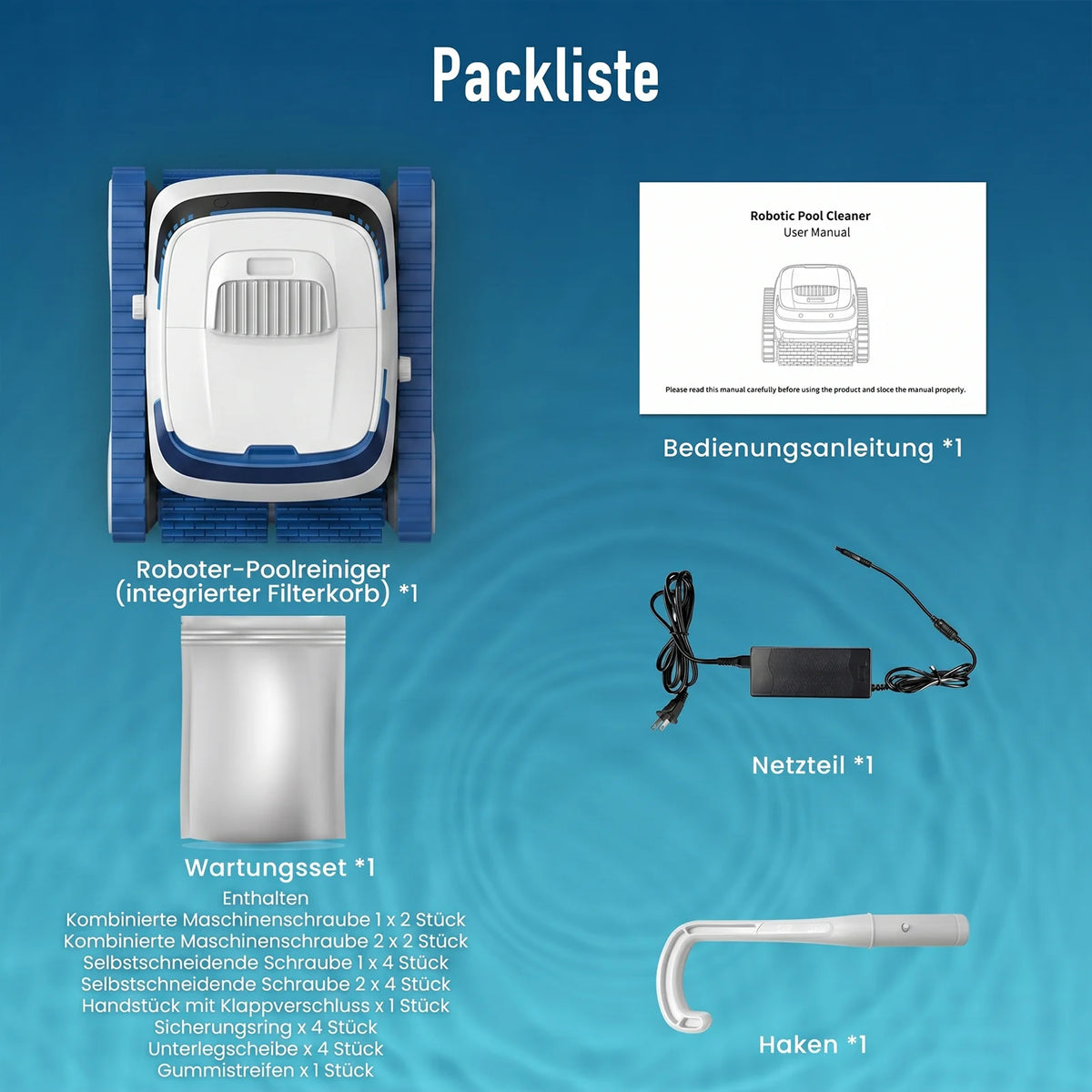 AiRROBO PC20 accessories and manual packaging, blue and white