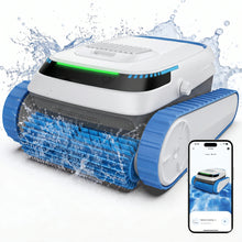 AiRROBO PC20 pool cleaner with water splashes, smartphone control, blue and green