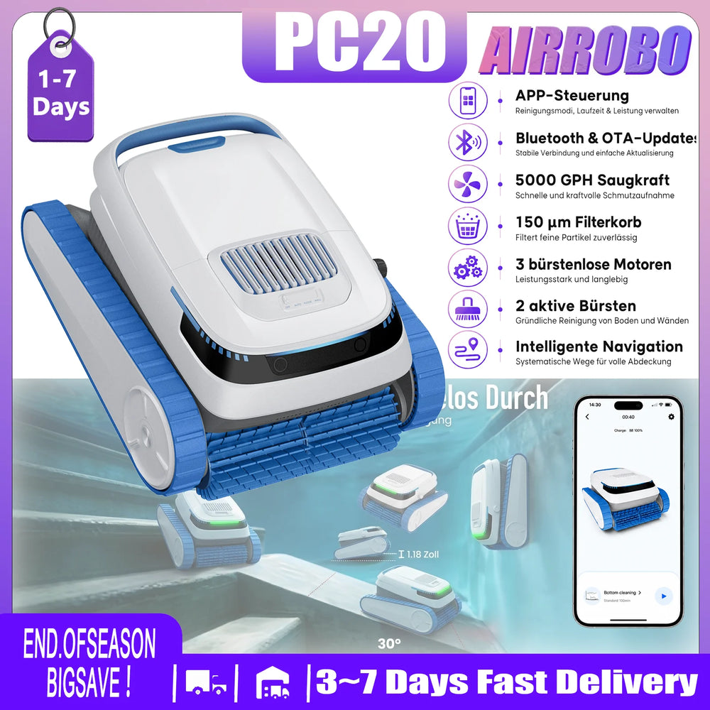 AiRROBO PC20 robotic pool cleaner, white and blue packaging shot