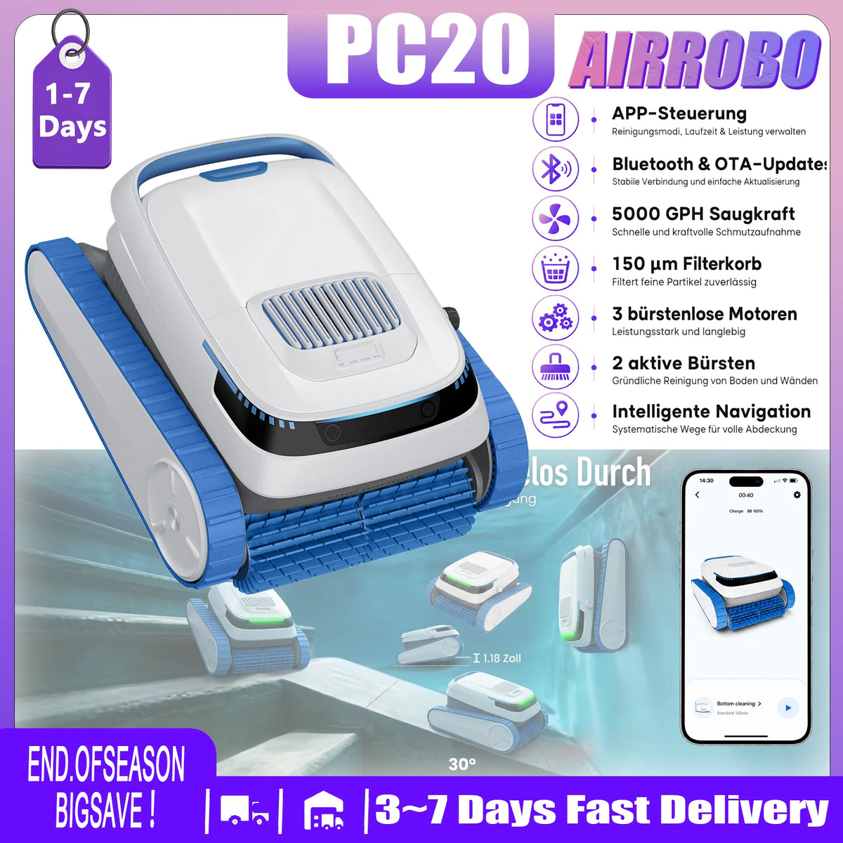 AiRROBO PC20 robotic pool cleaner, white and blue packaging shot