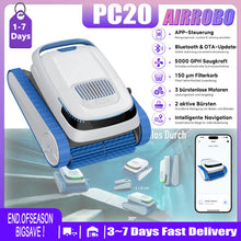 AiRROBO PC20 robotic pool cleaner, white and blue packaging shot