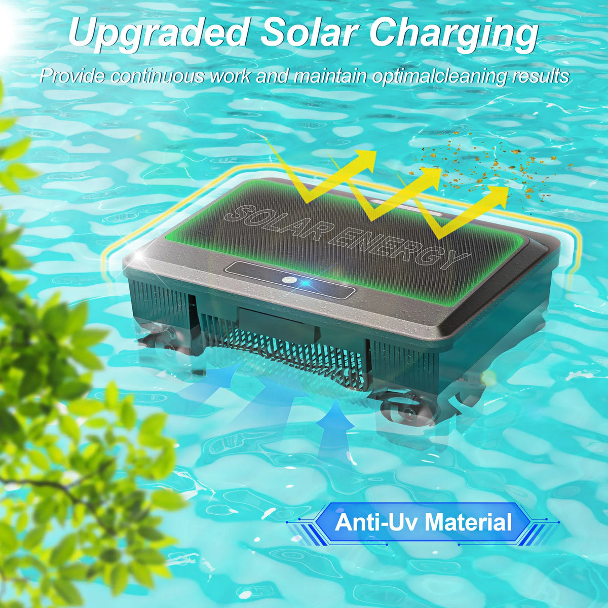 Vastorm robotic pool cleaner front view, solar charging with remote control