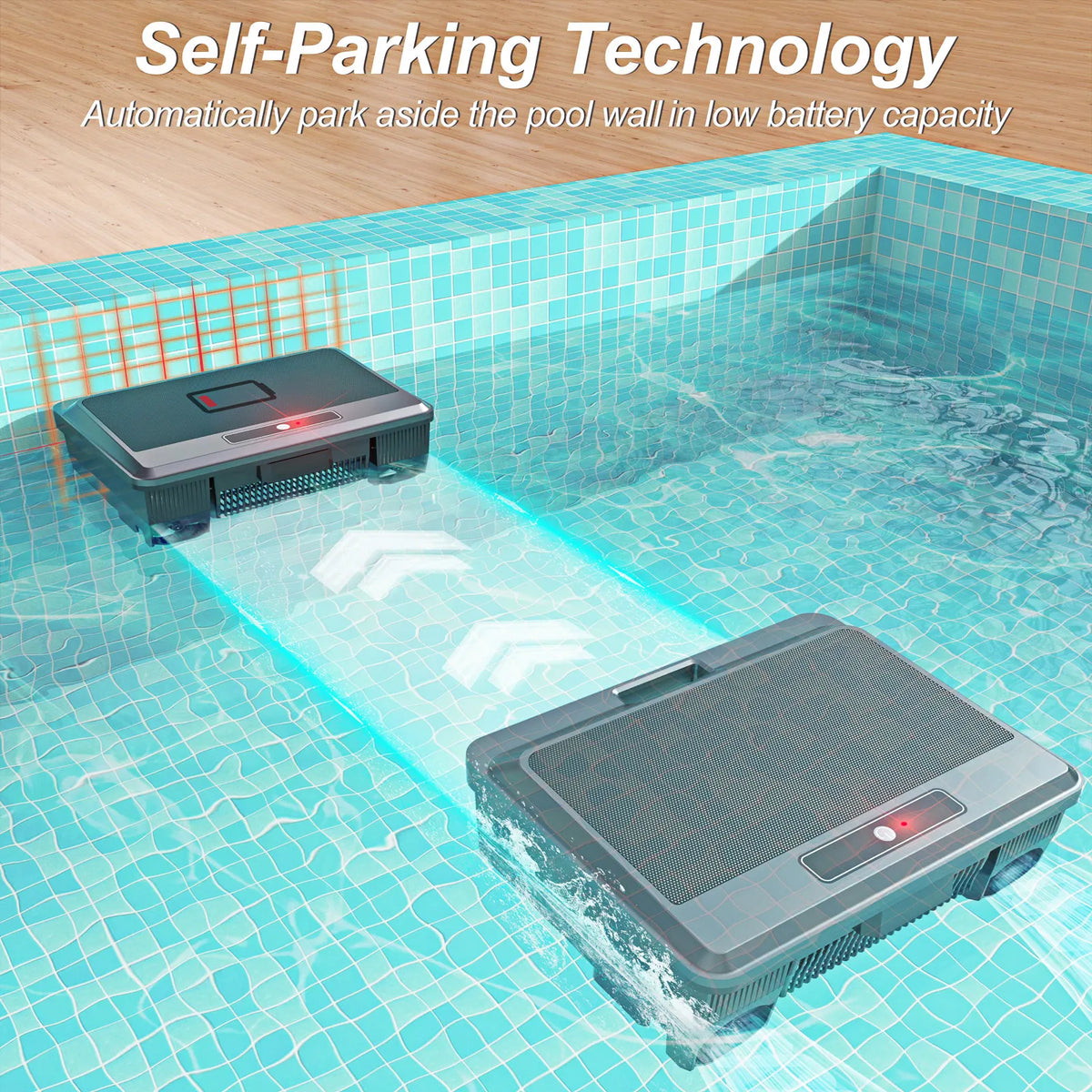 Vastorm pool cleaning robot lifestyle shot, black and gray with self-parking