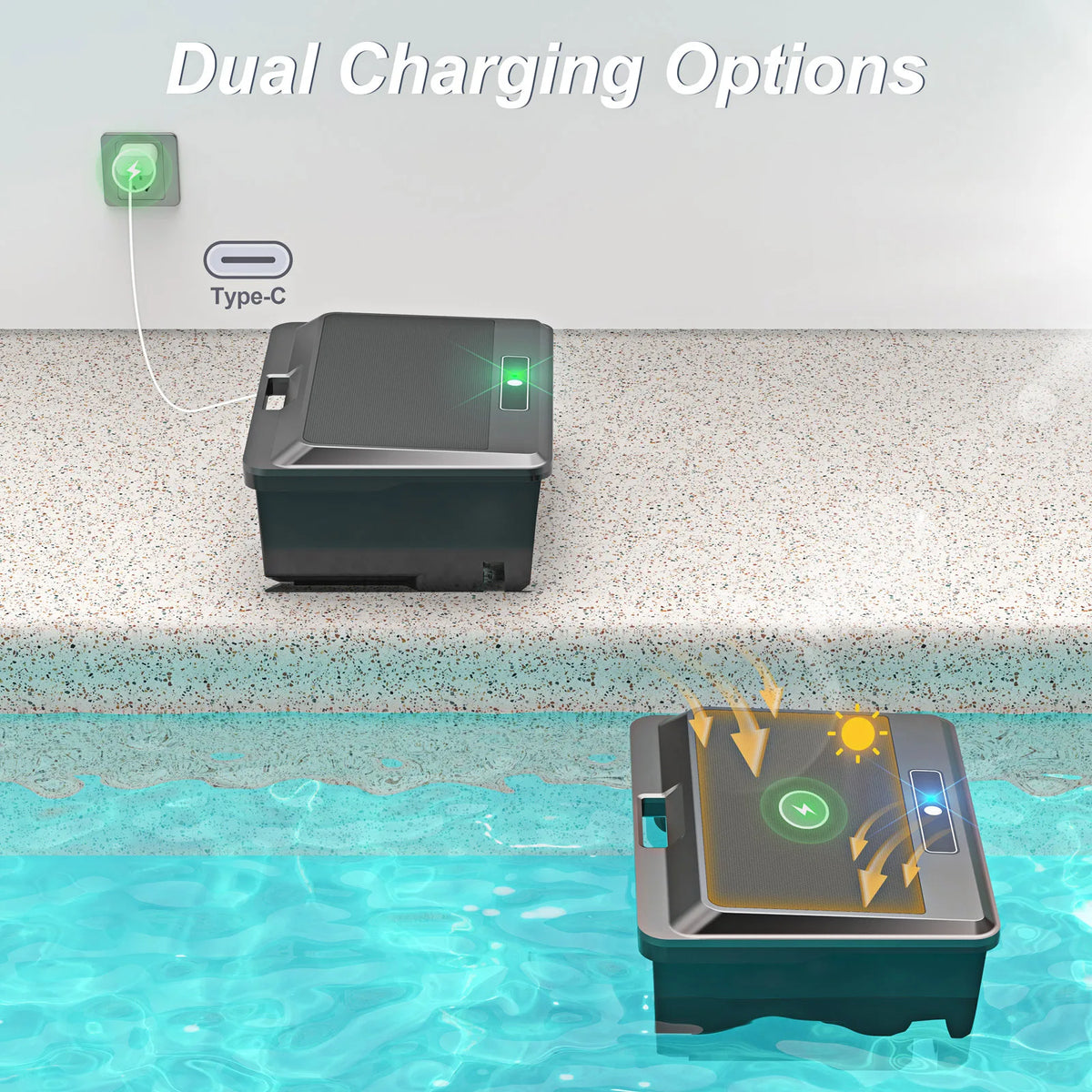 Vastorm pool cleaning robot lifestyle shot, black and green with solar charging system